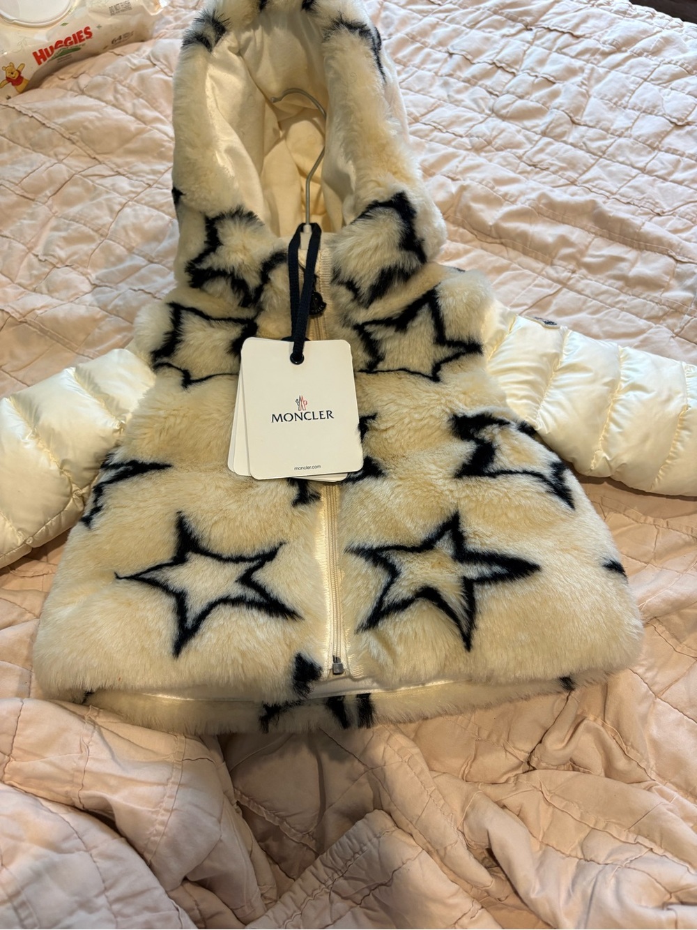Moncler Kids Cream Faux-Fur Star Hooded Puffer Jacket
